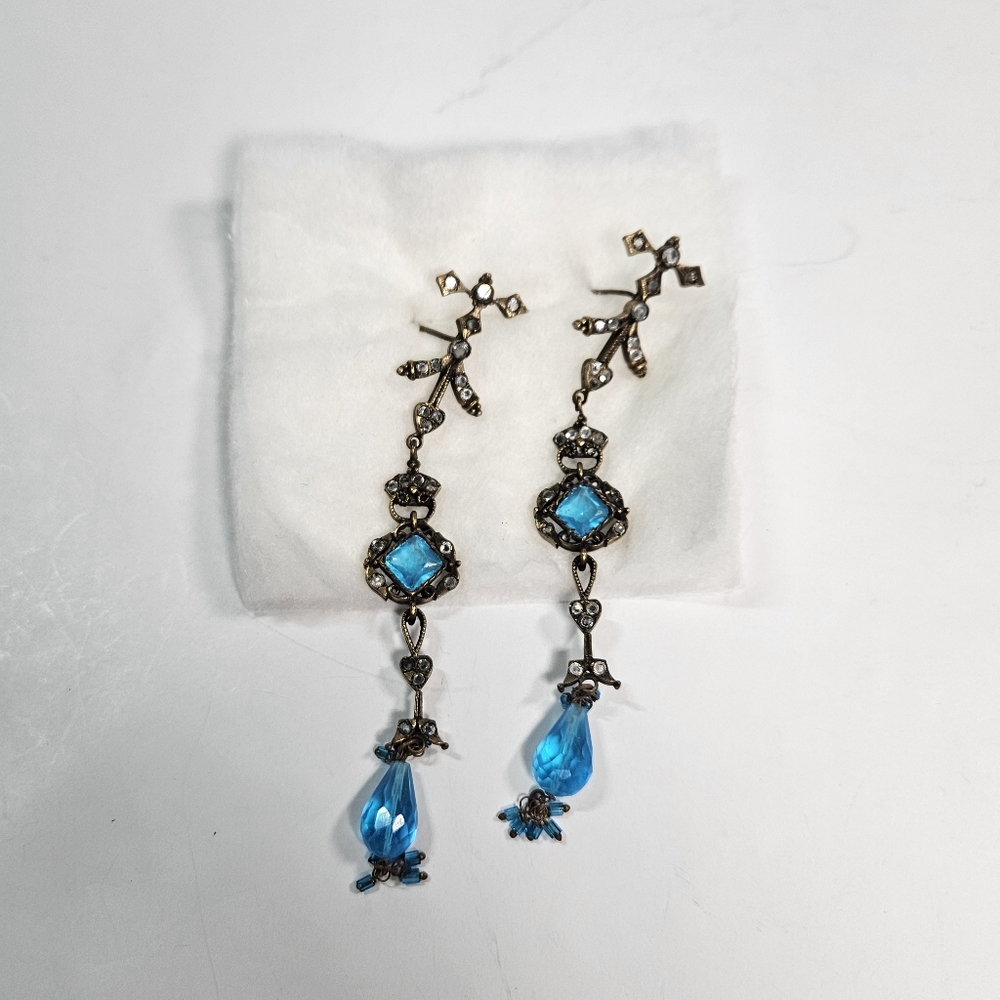 Long Dangle Earrings Blue and Bronze / Antique Gold